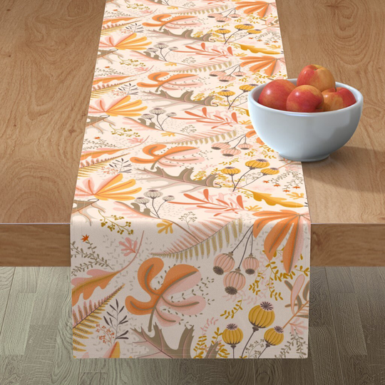 Blush Autumn Table Runner - Botanicals By Garabateo Orange Pink Leaves Foliage Forest Cotton Sateen Spoonflower