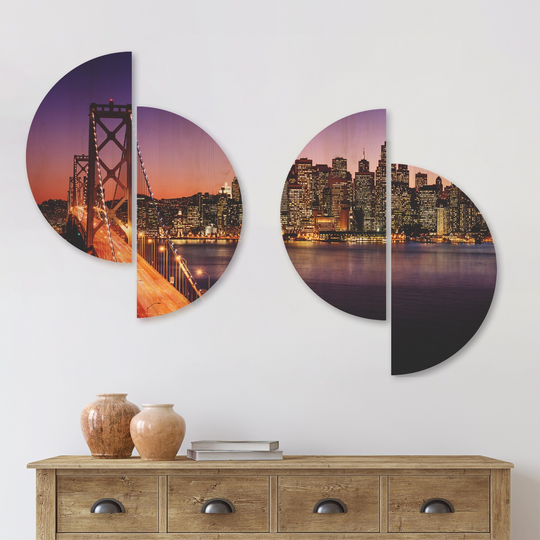 Designart 'San Francisco skyline and Bay Bridge' Sea Bridge Wood Wall Art Set of 4 Half Circles - Multi-Color