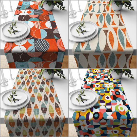 Mid Century Table Runner|Abstract Geometric Tablecloth|Beige Orange Blue Modern Home Decor|60's 70's Farmhouse Kitchen Retro Runner