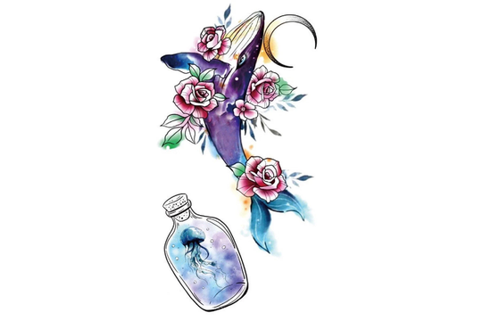 Colorful Whale Temporary Tattoo, Drifting Bottle Flower Festival Galaxy Tattoo