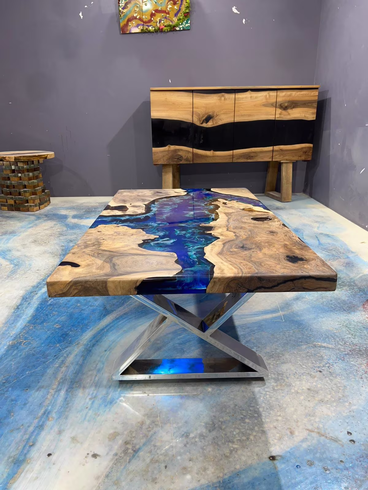 Walnut Dining Table, Custom 48" X 28" Ocean Blue, Turquoise White Waves Epoxy River Order For William S