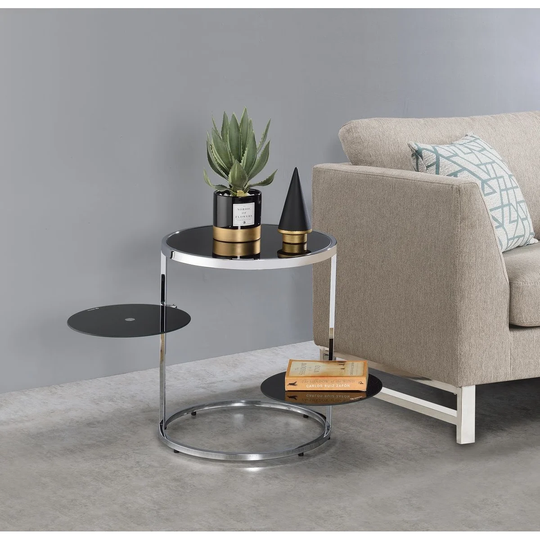 Round Side Table 2 Swiel Tier Shelf Open Frame Tempered Glass Side Table, Black & Chrome Finish