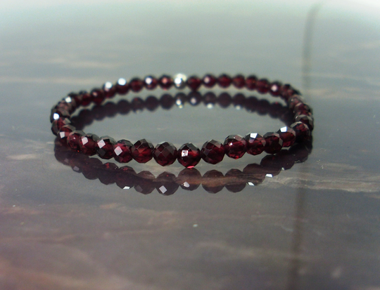 Dainty Garnet Faceted Bracelet 4mm + Sterling Silver Bead, Natural Gemstone Bracelet, Stretch Beaded For Women Girl Gift Bag