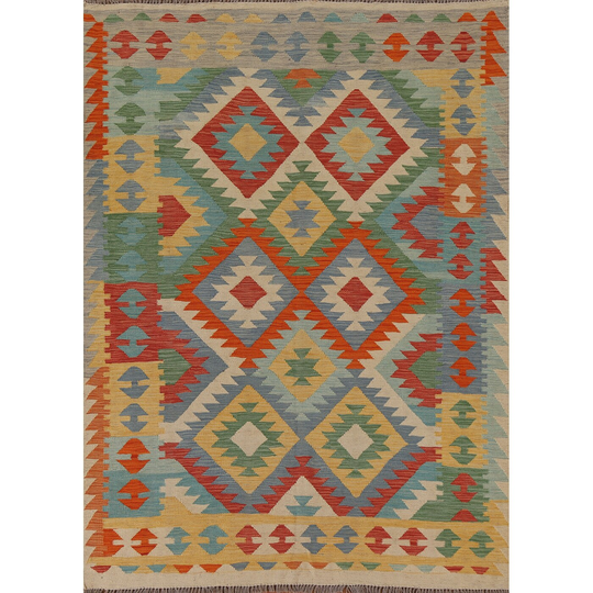 Geometric Multi-Color Kilim Oriental Area Rug Hand-woven Wool Carpet - 5'1" x 6'7"
