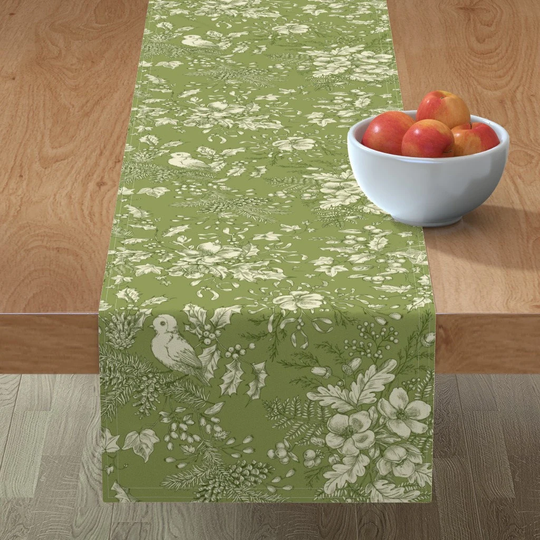 Holly & Ivy Table Runner - Hedgerow Holiday By Felicity Jane Design Cream Green Robin Berries Cotton Sateen Spoonflower