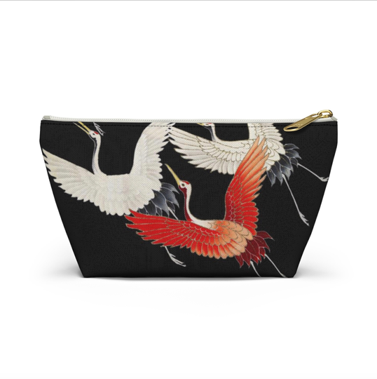 Cranes Zippered Pouch, Red, Black & White Japanese Design, Cosmetics/Pencil/Make-Up Organizer/Bag, Birds/Japan/Crane/Flying/Modern