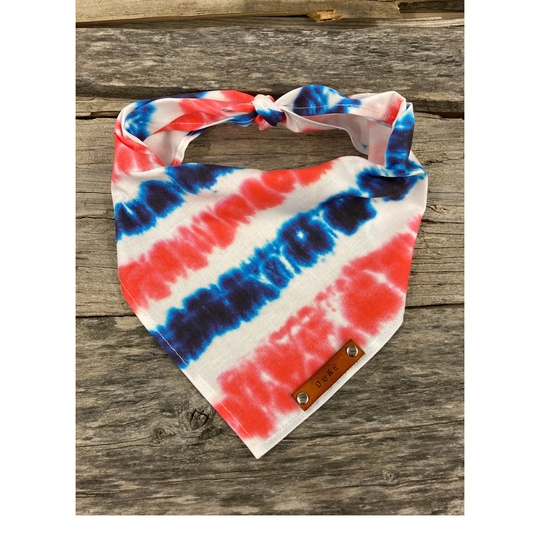 Dog Bandana, Red White Blue Tie Dye, Traditional Tie, Personalized Leather Name Tag Bandanna, Scarf, Pet Accessory, Bandana