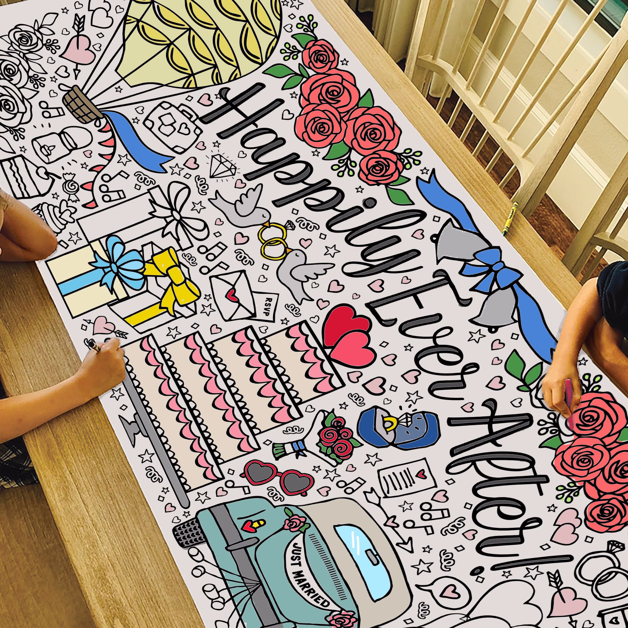 Giant Wedding Coloring Poster Or Table Cover | Paper Happily Ever After Tablecloth Bridal Shower Decorations 30" X 72" Inches