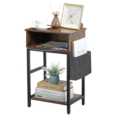 End Table, Narrow Side Table Nightstand With Storage Shelf, Bag, USB Ports & Power Outlets Rustic Brown