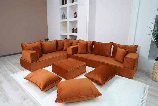 8" Thickness Velvet Amber Color L Shaped Floor Sofas, Corner Sectional Sofa, Pallet Arabic Seating Couch, Luxury Velvet