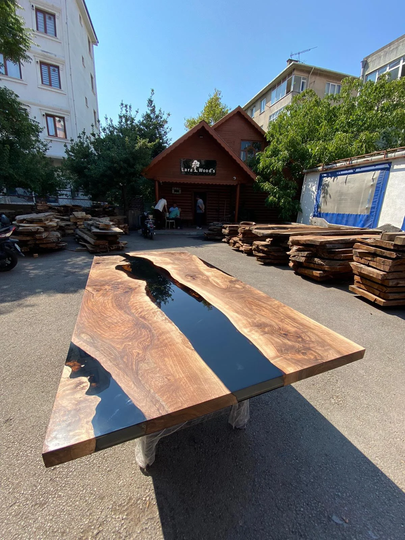 Walnut Dining Table, Custom 88" X 42" Unique Black Epoxy River Order For Paulette