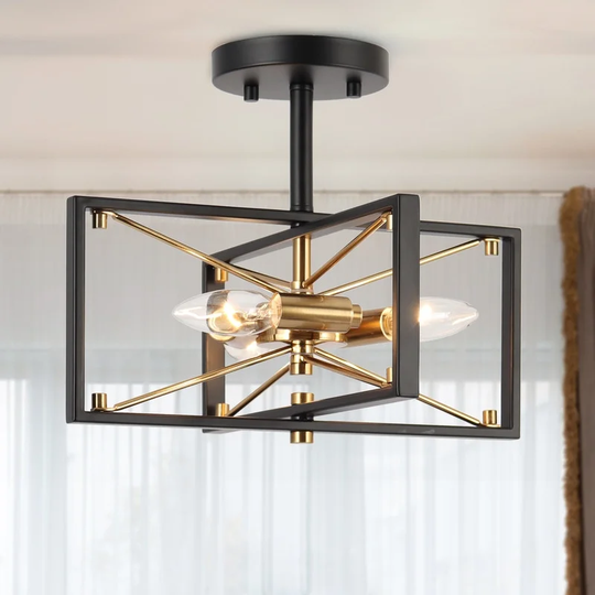 Leno Modern Black Gold 3-Light Semi-Flush Mount Ceiling Light Cage Sputnik Chandeliers - 13"L