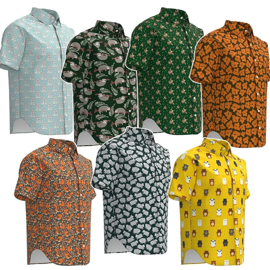 Cute Polar Bear Sloth Squirrel Goat Sheep Panda Hamster Animal Theme Pattern Print Short Sleeve Collar Button Shirt