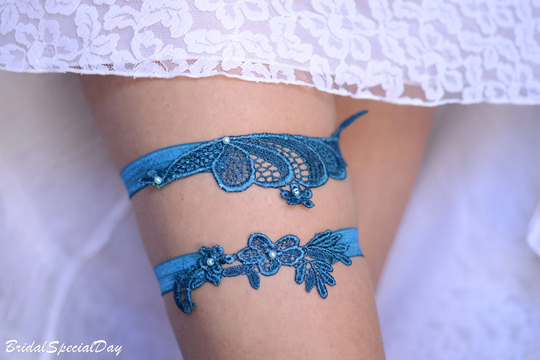Teal Flower Lace Bridal Garter For Bride, Blue Elegant Wedding, Non Slipe Wedding Blue, Prom
