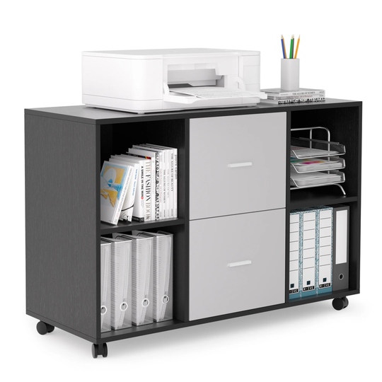 EYIW Mobile wood filing cabinet with 2 drawers &4 open storage cabinets &wheels for home kitchen bathroom living room