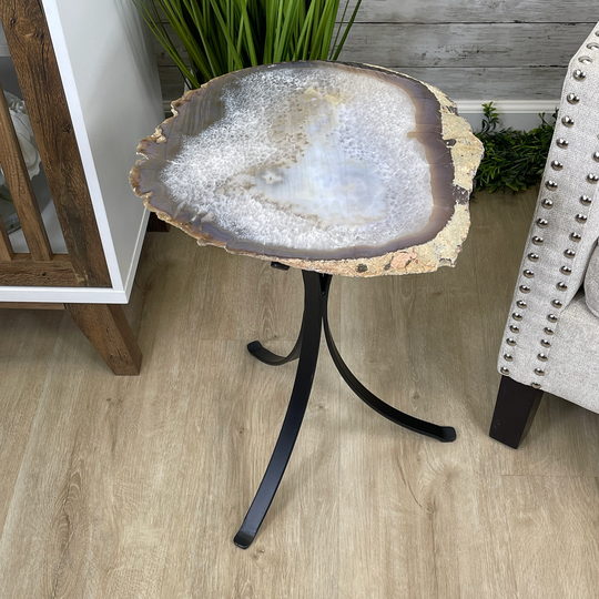 Natural Brazilian Agate Side Table, Single Slice On A Black Metal Base, 22.5" Tall #1305-0138 By Brazil Gems