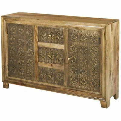60 Inch Unique Patterned Brass Overlay 3 Drawer 2 Door Sideboard Cabinet Zaley