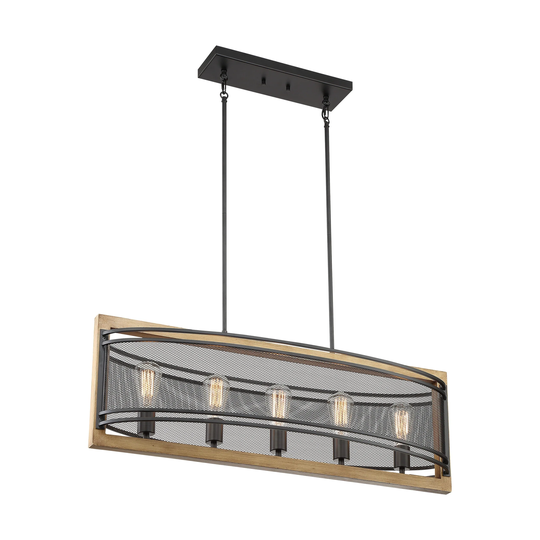 Atelier 5-Light Island Pendant Fixture - Black and Honeywood Finish - Black / Honey Wood - Black / Honey Wood