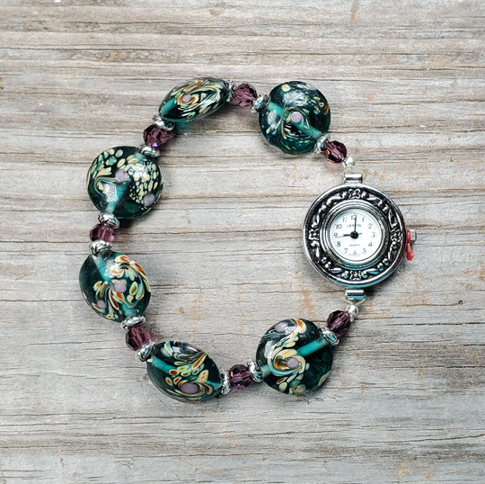 Green Lampwork Glass Watch With Purple Accents, Stretchy Bracelet Watch, Multiple Sizes Available