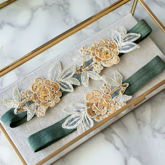 Hunter Green Wedding Garter, Light Gold & Tan Embroidery Flower Lace Garter With Elastic/ Gt-34