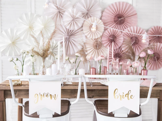 Bride & Groom Wedding Chair Signs, White Gold & Decor, Mr Mrs Venue Rustic Top Table Decor