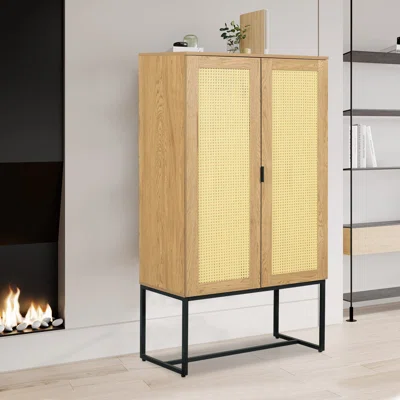 Lashaina Tall Accent Sideboard, Kitchen Buffet Cabinet w/ 2 Doors, Rattan Storage Cabinet w/ Shelves