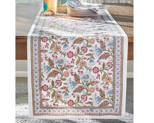 Enchanted - Ivory ~Indian Table Runner, Asian Oriental Cover, Ethnic Pastel Deco, Floral Linen
