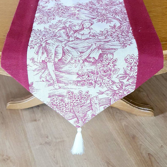 Table Runner Toile With Tassel Burgundy
