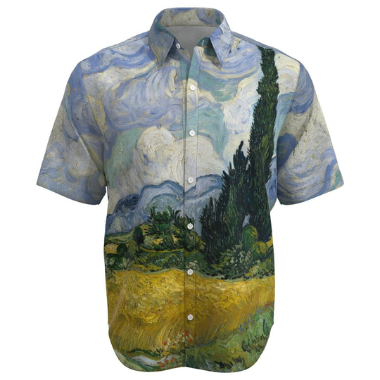 Van Gogh Wheat Field With Cypresses Painting Fine Art Drawing Button Shirt Collar Short Sleeve