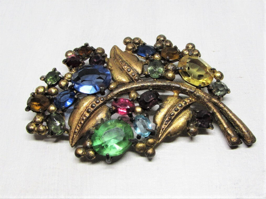 Antique Art Deco Brooch - Multi Color Fruit Salad Rhinestone Crystals - Gold Leaf Pin - 1930S Great Gatsby Flapper Jewelry - Gift For Grandma