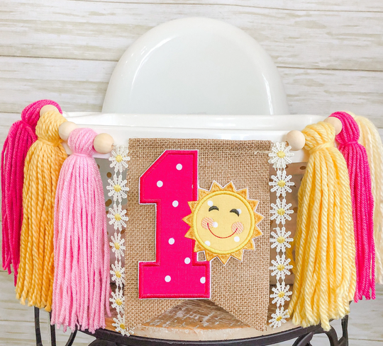 Sun Sunshine Birthday High Chair Yarn Tassel Banner, Cake Smash Backdrop First