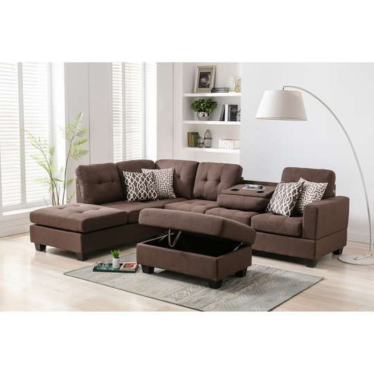 L-shape Reversible Sectional Sofa with 2 Outlets & USB Ports with Storage Ottoman