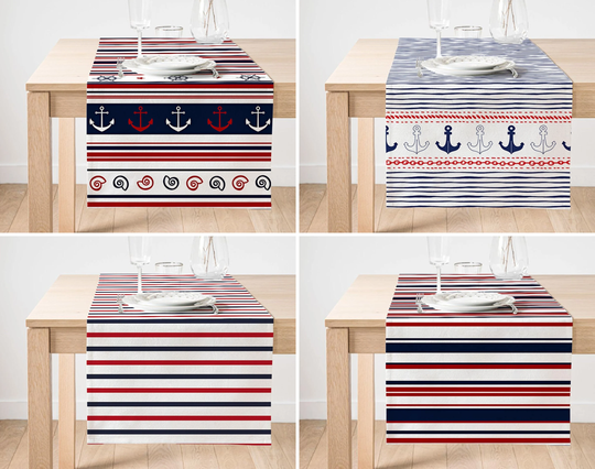 striped Anchor Table Runner, Modern Cover, Navy Blue & Red Kitchen Outdoor Decor, Summer Trend Tablecloth, Home Deco