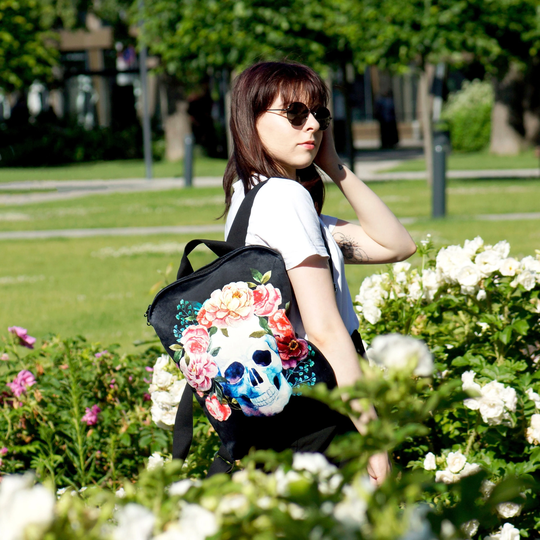 Pop Art Floral Skull Black Velvet Backpack