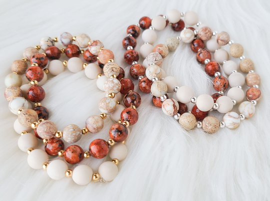 Fall Bracelet Set, Stack, Boho Chunky Beaded Bracelet, Multicolor Gemstone Color Bead Bracelets