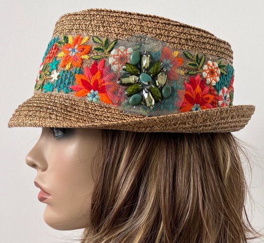 Tan Straw Hat With Embroidered Ribbon & Beaded Appliqué, Women Hat, Church, Summer 22" Up To 23" S/M Ready Ship