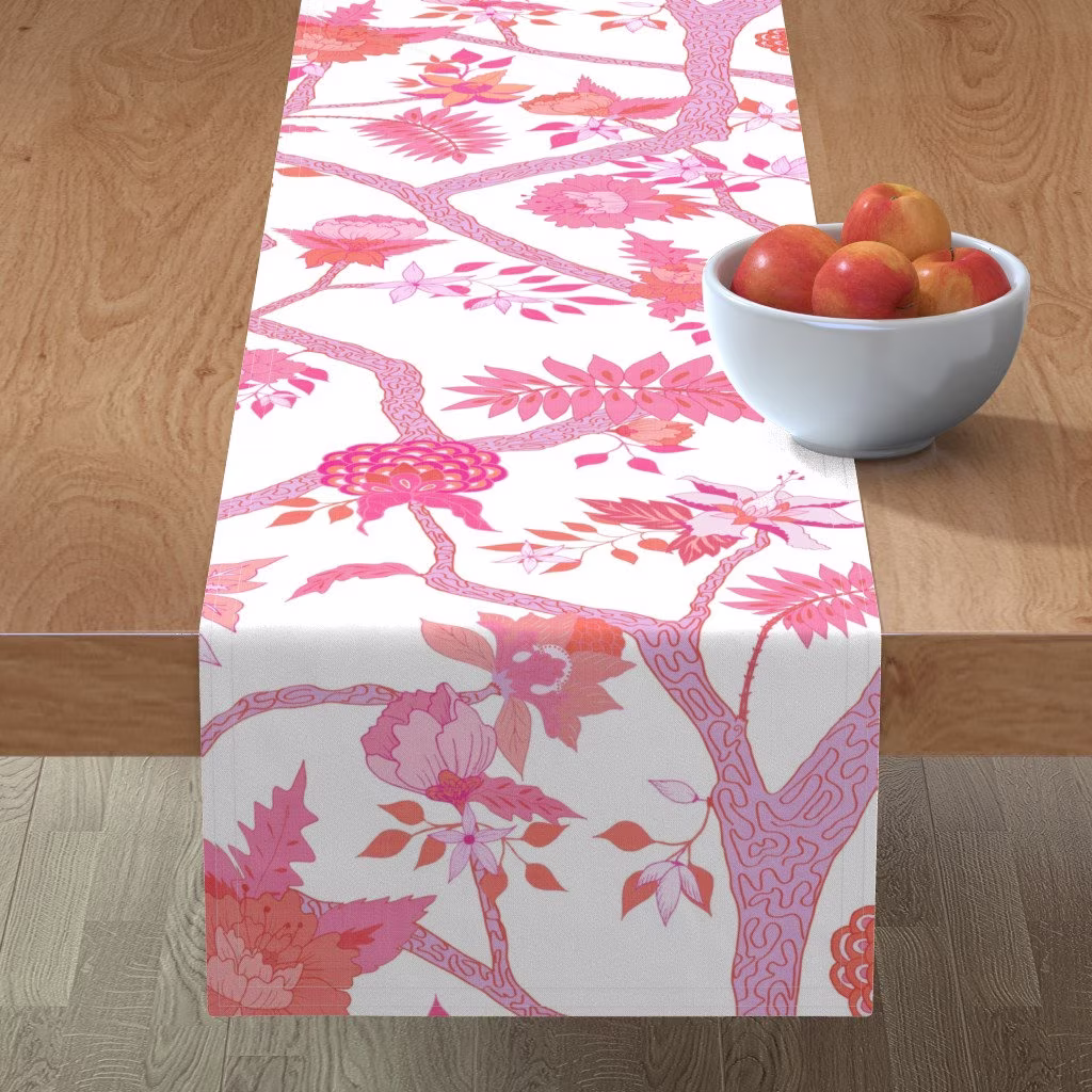 Peony Floral Table Runner - Branch Pink Orange By Danika Herrick Chinoiserie Large Scale Cotton Sateen Spoonflower