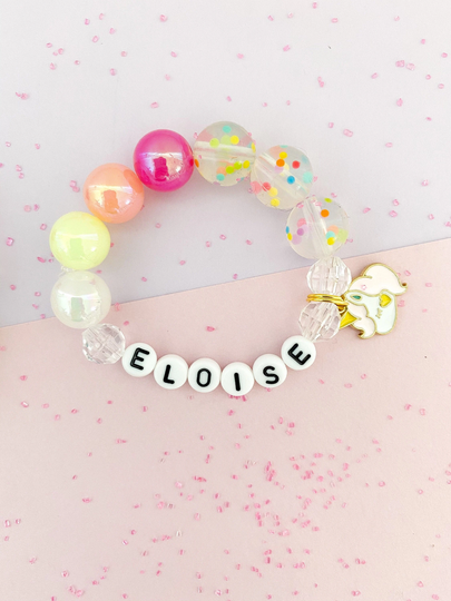 Rainbow Unicorn Confetti Kids Charm Bracelet, Birthday Toddler Custom Name, For Girls, Stretch Bracelet