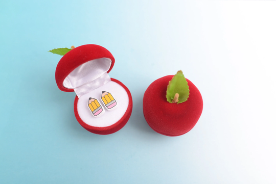 Teacher Gift Set, Acrylic Pencil Earrings With Velvet Mini Red Apple Box, Titanium Studs For Sensitive Ears, Elementary