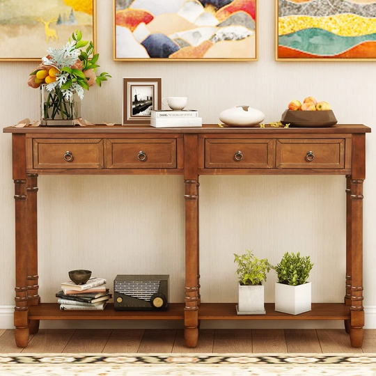 Rustic Solid Wood Frame Console Table w/4 Drawer,Shelf(Antique Walnut)