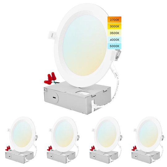 Luxrite 6" Ultra Thin LED Recessed Light J-Box 14W 5 Color Options Dimmable 1150 Lumens IC Rated Baffle 4 Pack