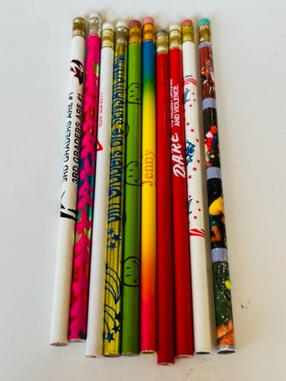 Pencil Vtg School Advertising Writing Instrument Lot Anime Dare Neon Smiley 1980