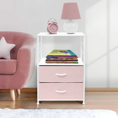 Sorbus Nightstand 2-Drawer Storage Dresser - Bedroom Furniture, Accent End Table Chest, College Dorm, Steel Frame, Wood Shelf & Top,Fabric Bins (Pink)