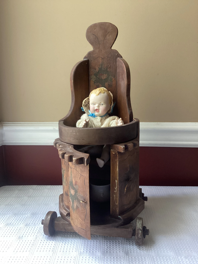 Antique Handmade Wooden Doll Potty Chair/ Highchair With Porcelain