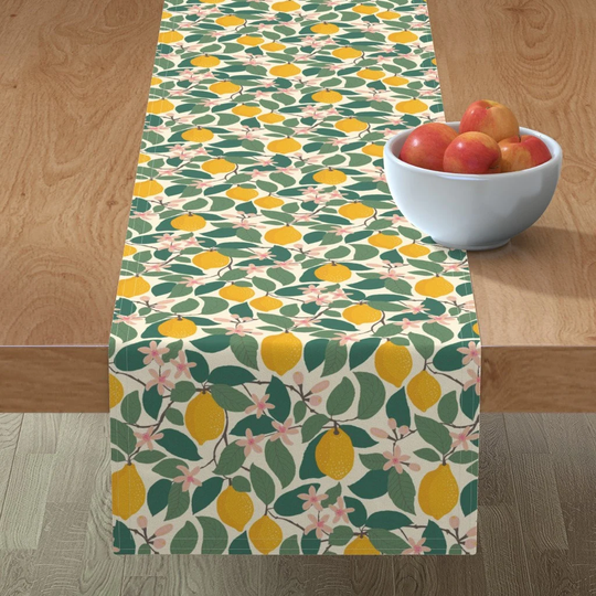 Lemon Botanical Table Runner - Tree By Rocketandindigo Yellow Citrus Leaves Floral Kitchen Cotton Sateen Spoonflower