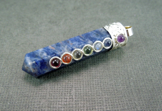 Sodalite Pencil Point Charm Pendant With Chakra Gemstone Beads Silver Cap & Bail | S31B7-03