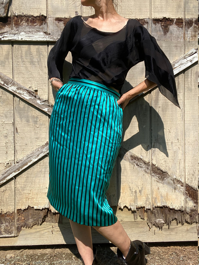1990S Black & Teal Striped Silk Pencil Skirt