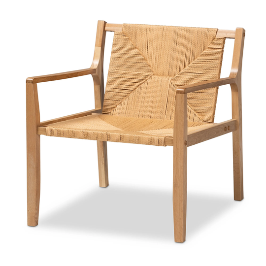 Delaney Mid-Century Modern Oak Brown Finished Wood & Hemp Accent Chair