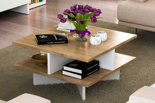 Living Room Cofee Table, Coffee Table With Storage Color-Walnut-White, 60x60x31 cm Dinning Table