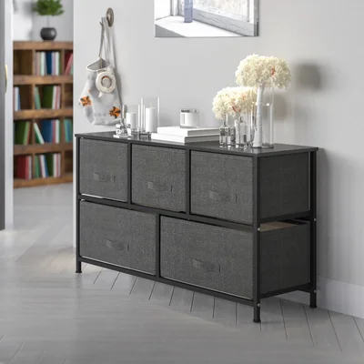5 Drawer Wood Top Cast Iron Frame Storage Dresser with Easy Pull Fabric Drawers